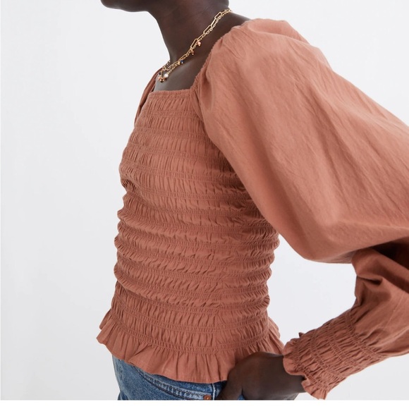Madewell women's M Lucie bubble-sleeves Smocked poplin top boho neutral cottage - Picture 3 of 10